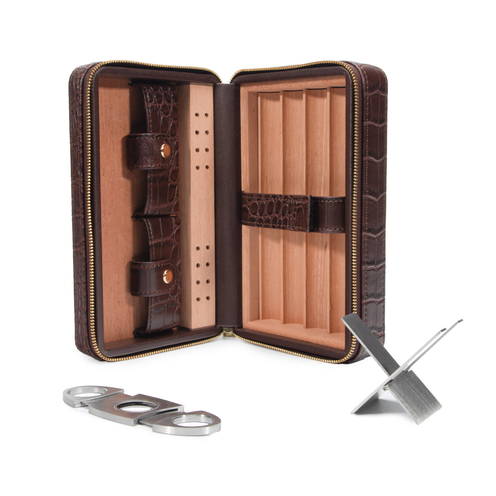 Atlas Croc Cigar Travel Case (Brown)