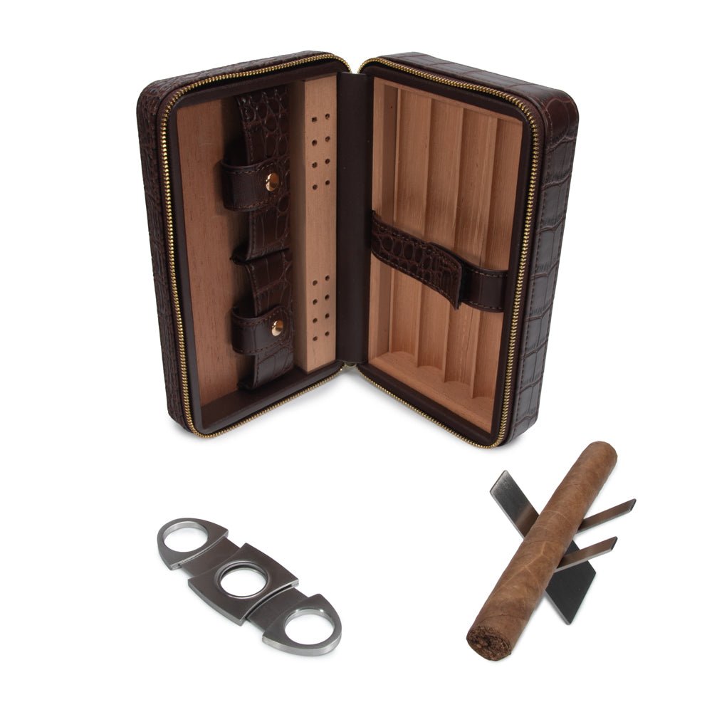 Atlas Croc Cigar Travel Case (Brown)