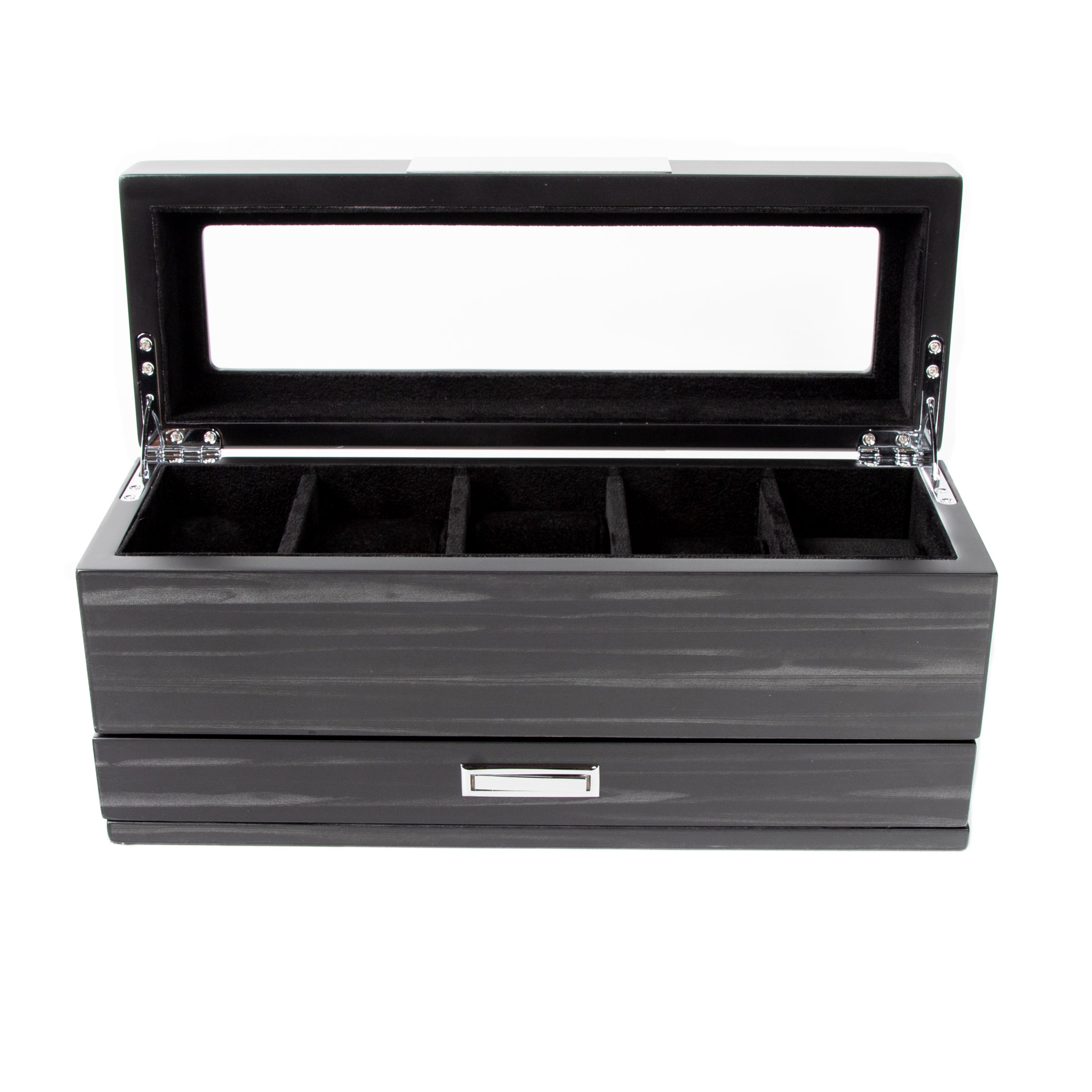Matte Black 5-Slot Watch Box W/ Jewelry Tray (Uncrate)