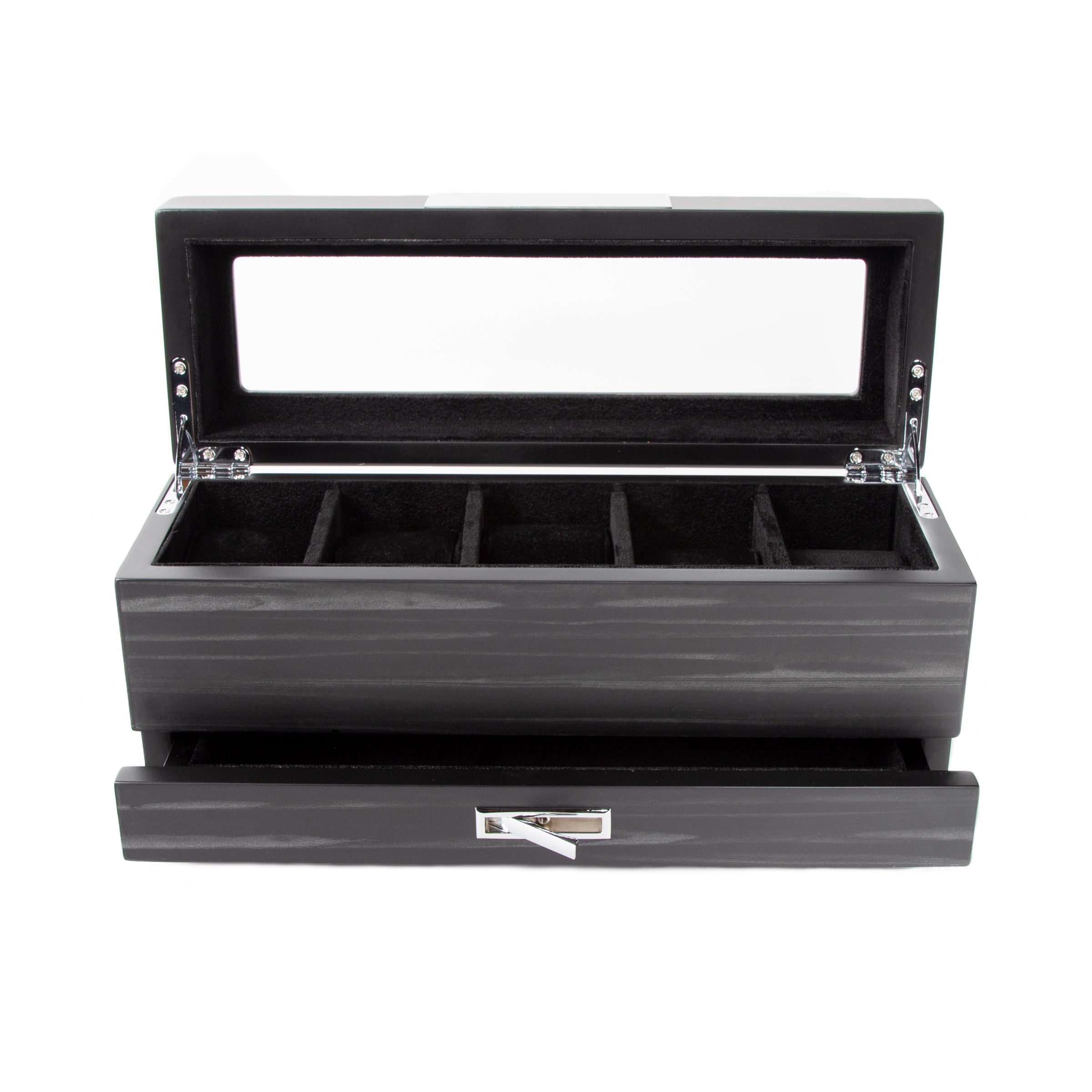 Matte Black 5-Slot Watch Box W/ Jewelry Tray (Uncrate)