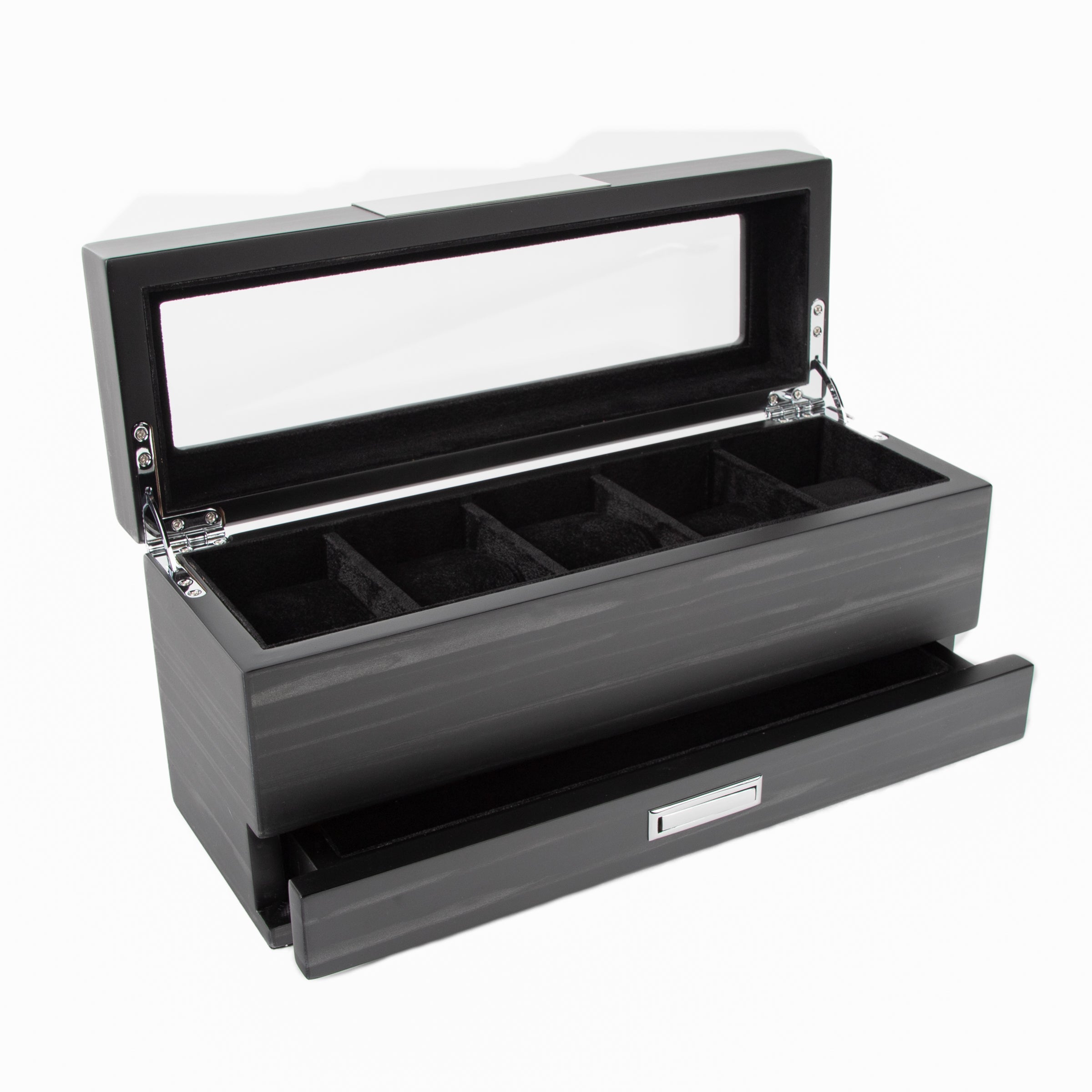 Matte Black 5-Slot Watch Box W/ Jewelry Tray (Uncrate)